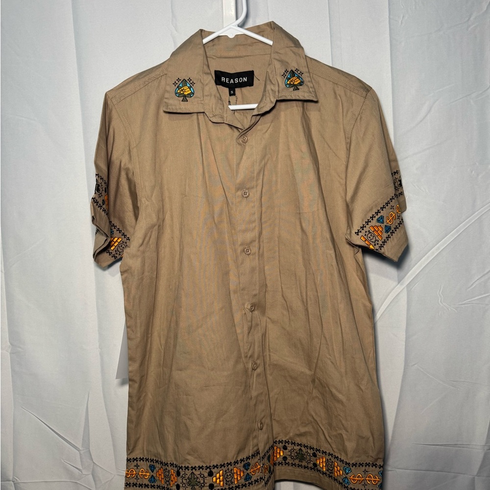 Reason Brown Embroidered Men’s Casual Shirt Size S